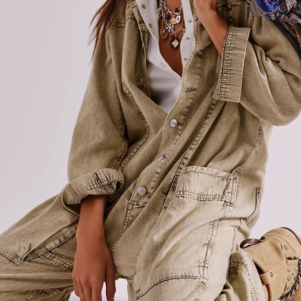 Free People Jumpsuit Olive Wash Denim Medium - Picture 3 of 11